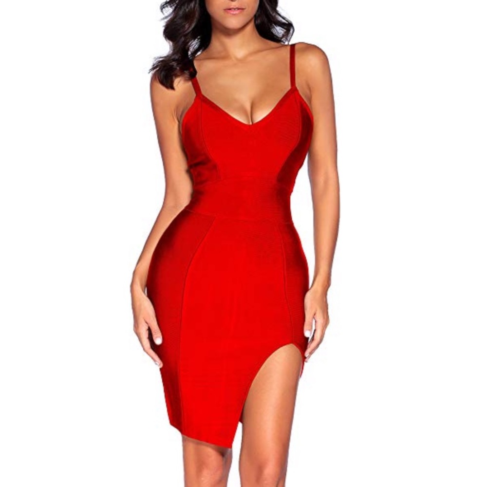 V Neck Strappy Splitting Club Party Bandage Dress